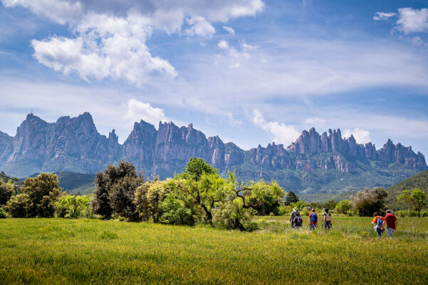 Paisatge de natura amb senderistes i Montserrat de fons